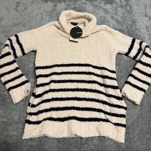 MittoShop Cozy‎ Striped Cowl Neck Fuzzy Sweater Women's S/M Cream Navy